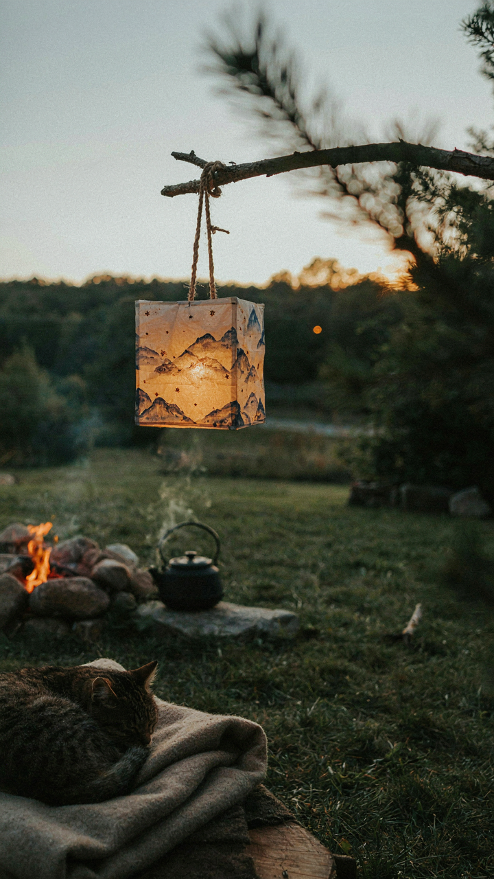 A handcrafted paper lantern casts unique light patterns in a backyard.