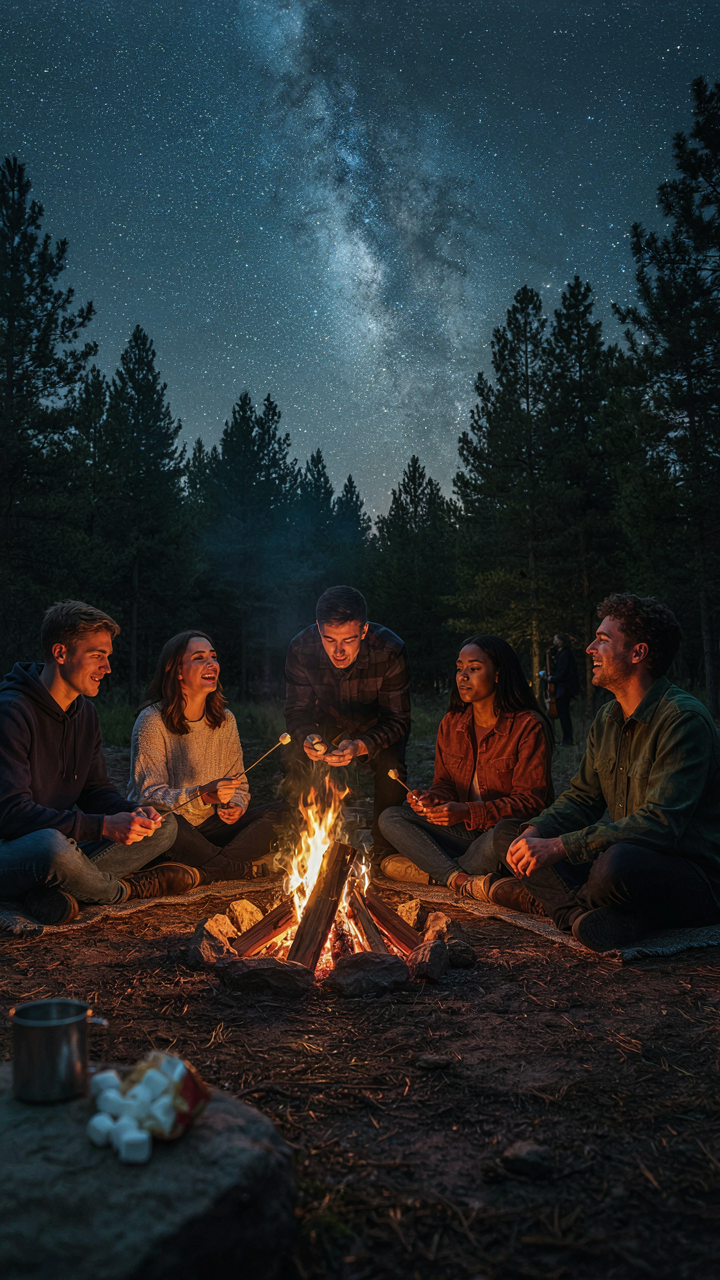 Friends laugh around a bonfire, roasting marshmallows under stars.