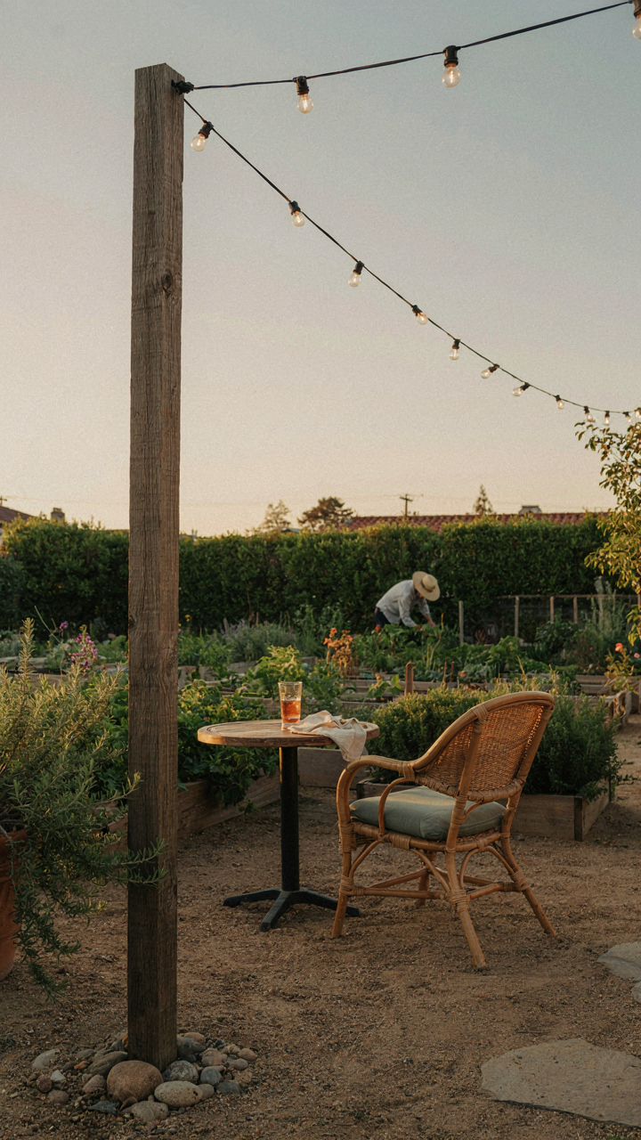 A strong anchor point on a wooden post firmly securing backyard string lights.