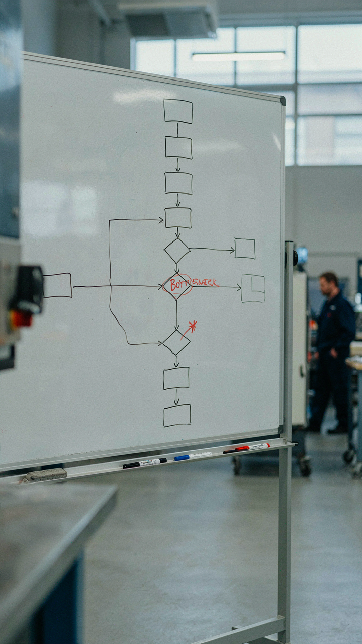 A detailed flowchart diagram on a whiteboard highlights a bottleneck.