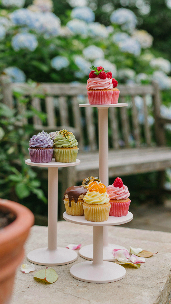 An innovative outdoor cupcake display uses geometric stands of different heights.