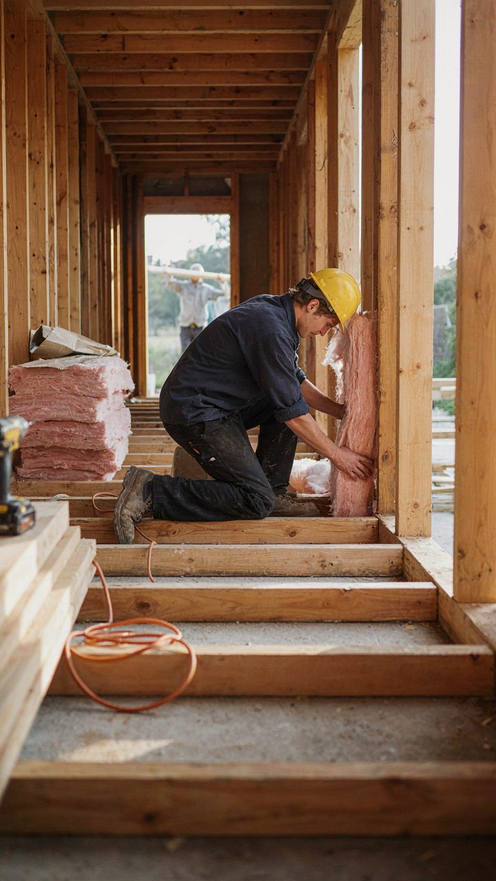 A person installs insulation between floor joists.