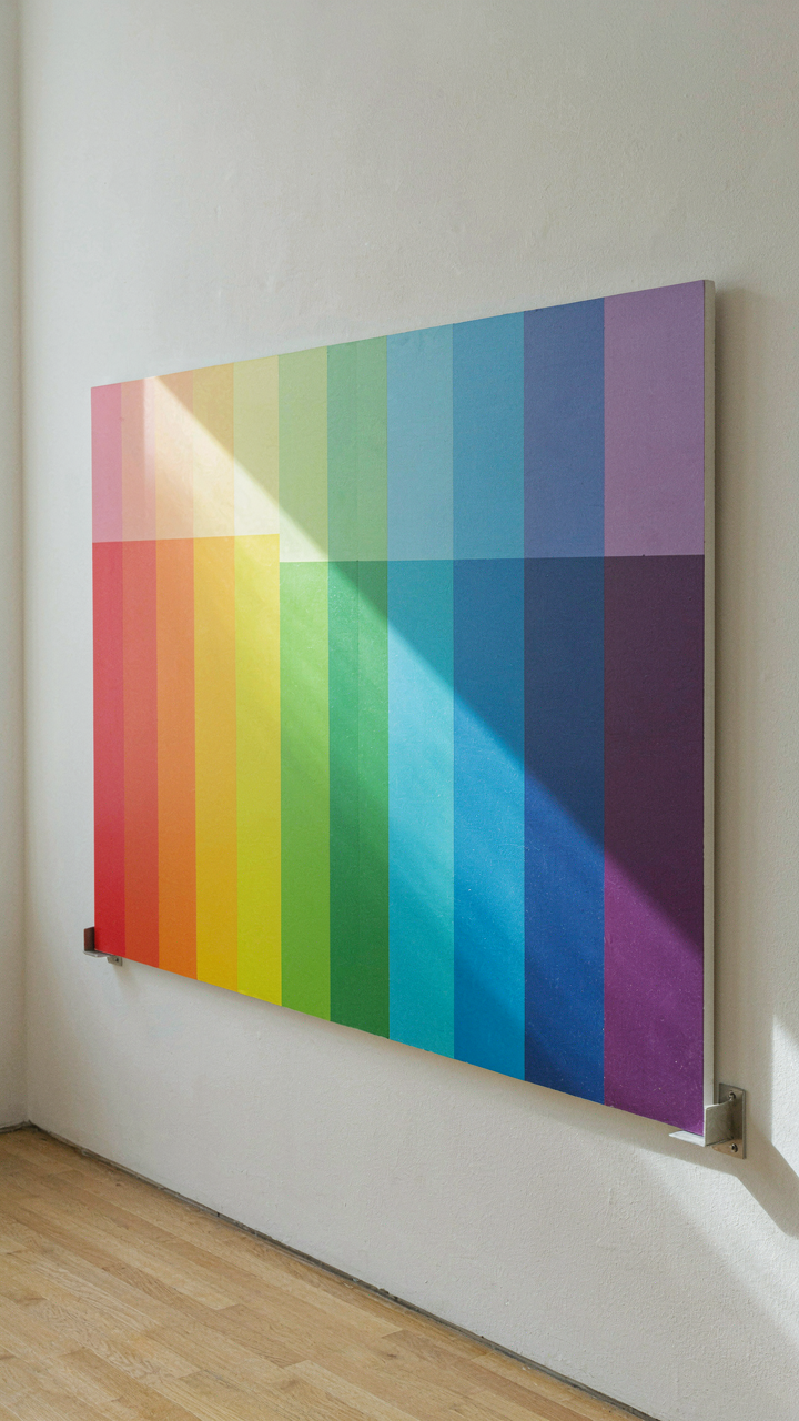 A diverse color spectrum chart on a wall, showing light variations.
