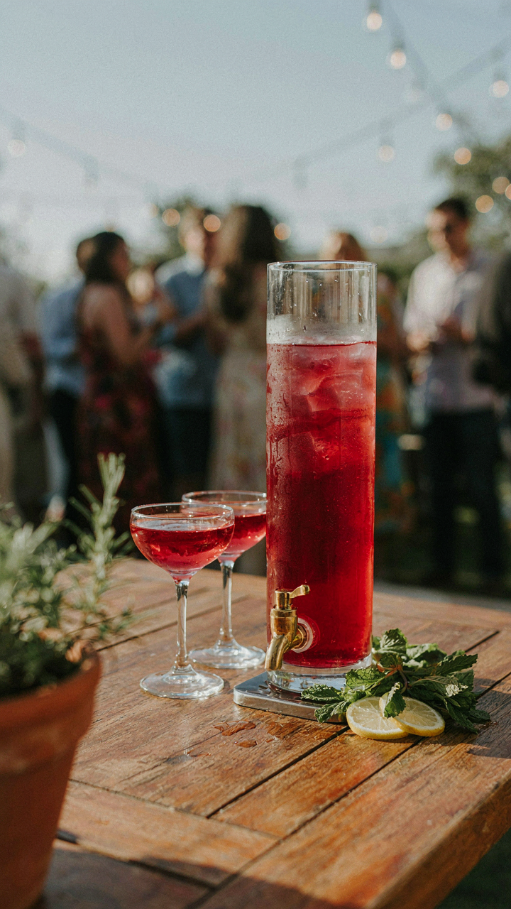 A large beverage dispenser holds a pre-mixed signature cocktail.