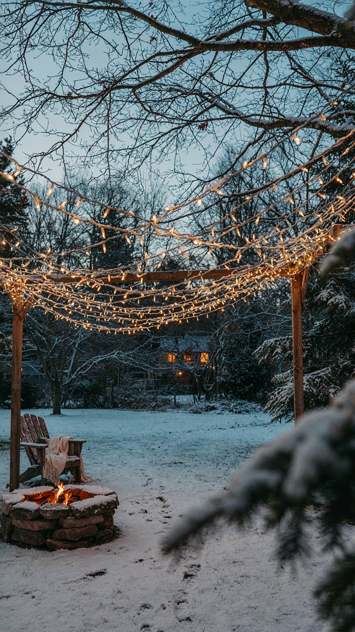 A twinkle light canopy covered in light snow in a winter backyard.