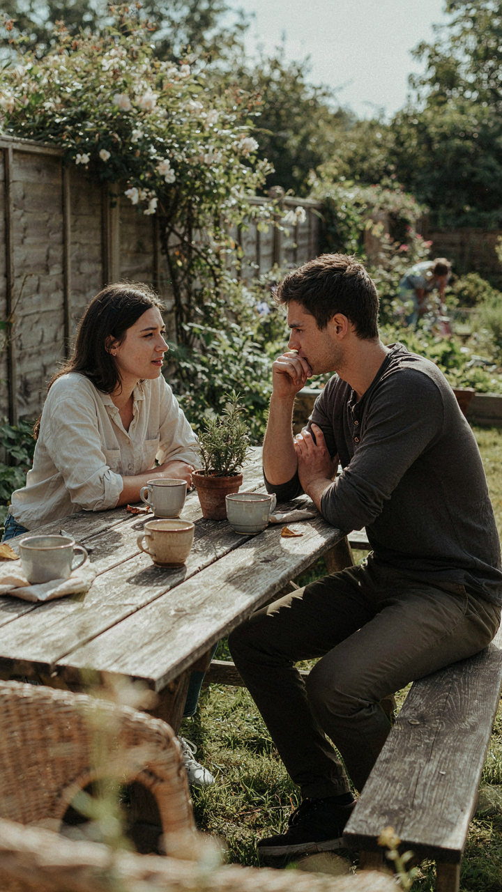 Two people are deeply talking over a rustic garden table.