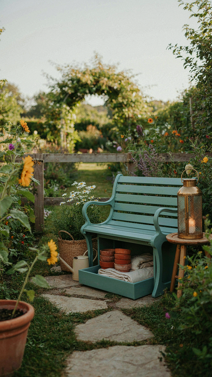 Garden decorations that also serve a practical use, like lanterns and benches.