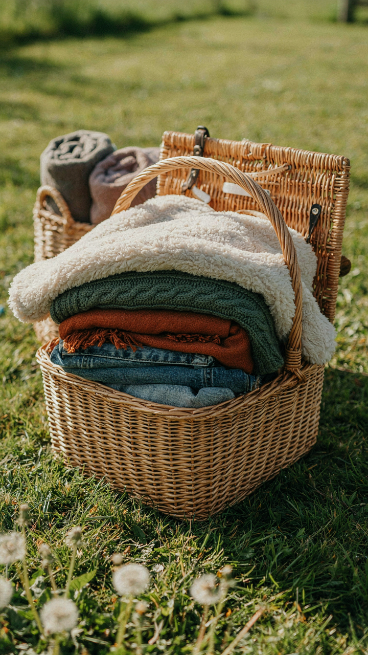 An outdoor blanket basket with soft blankets on top for easy grabbing.