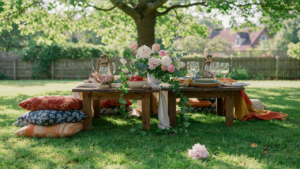 A beautiful boho birthday picnic with low tables, cushions, blankets, and flowers.
