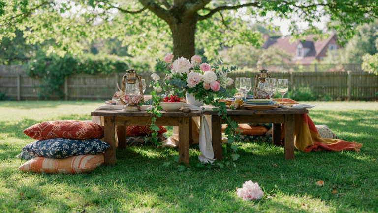 A beautiful boho birthday picnic with low tables, cushions, blankets, and flowers.