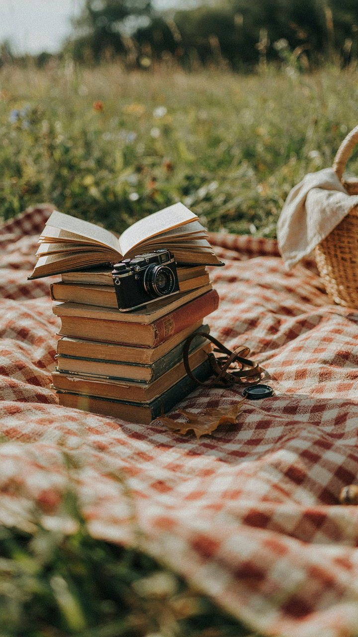 Old books and a vintage camera rest on a blanket.