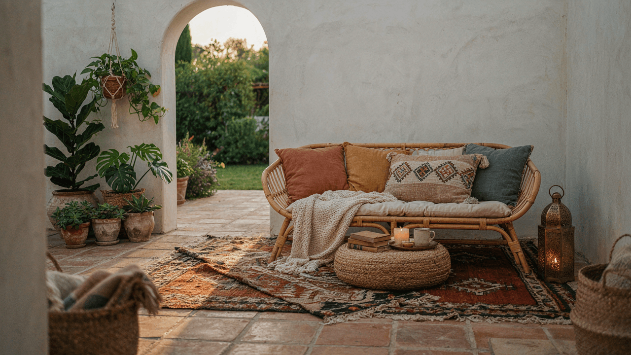 A colorful boho patio with rugs, plants, and layered cushions.