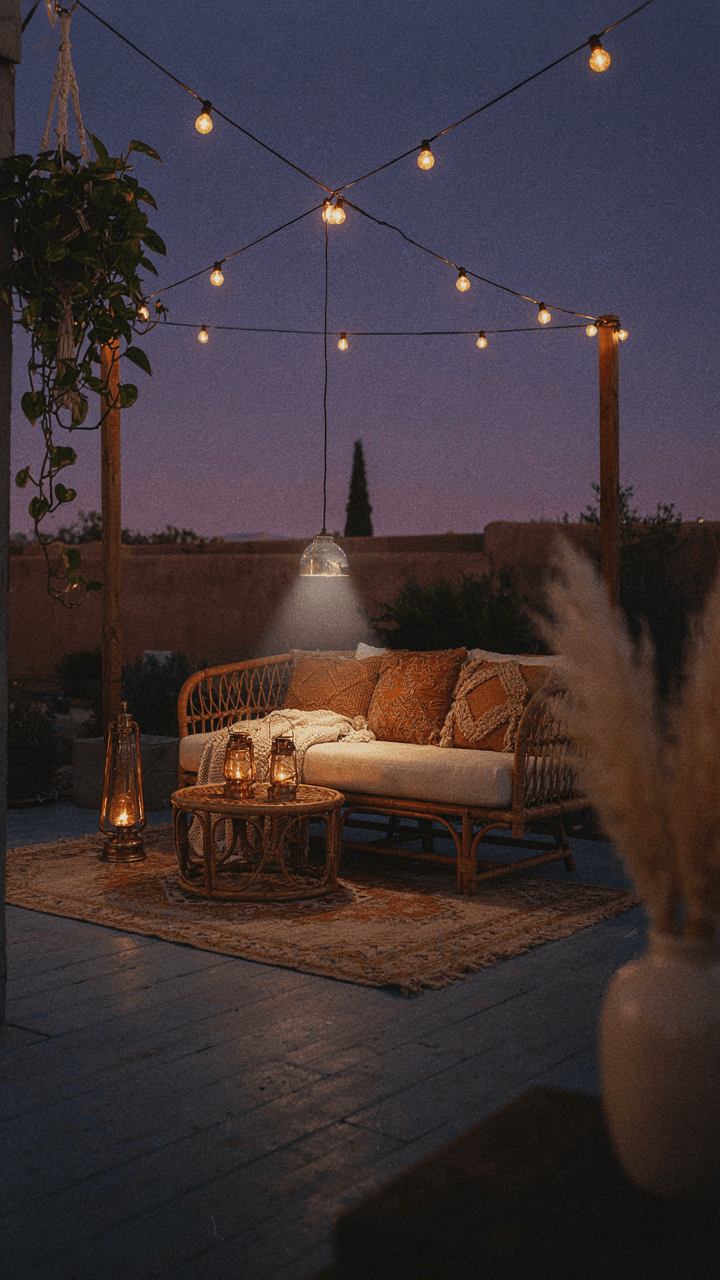 A boho patio lit by string lights, lanterns, and a lamp.