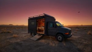 A box truck camper conversion parked in a desert at sunset, with an open side door.