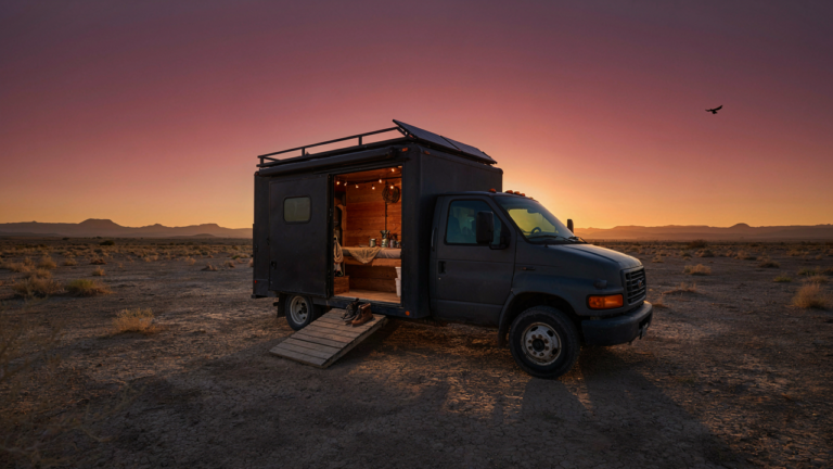 A box truck camper conversion parked in a desert at sunset, with an open side door.