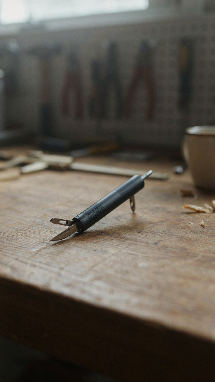 A sleek, minimalist multi-tool sits on a wooden workbench.