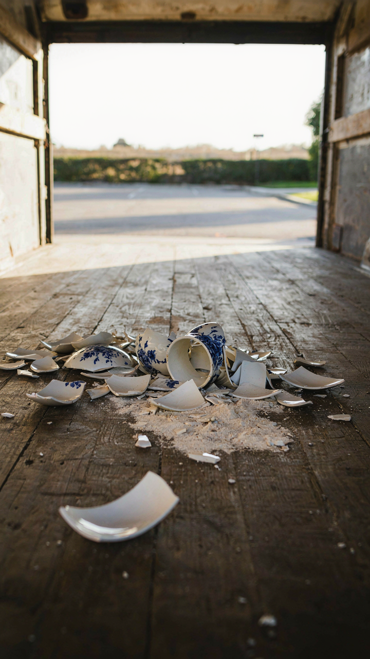A delicate porcelain vase lies shattered on the floor of a box truck.