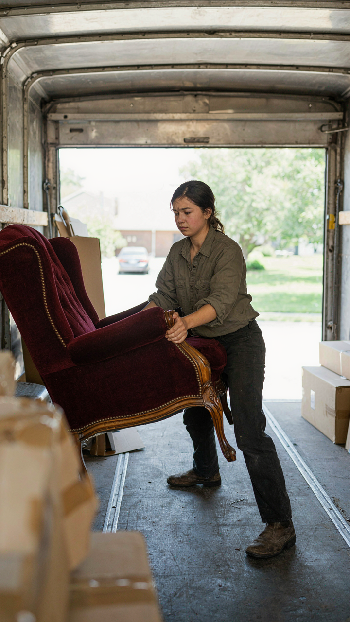 A person tries to fit a large armchair into the cramped interior of a box truck.