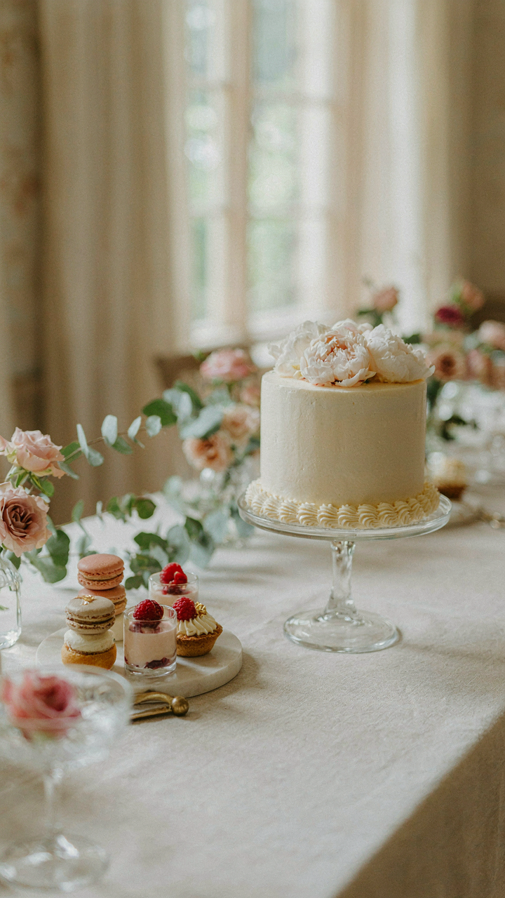 A small, elegant bridal shower dessert table with a cake and mini treats.