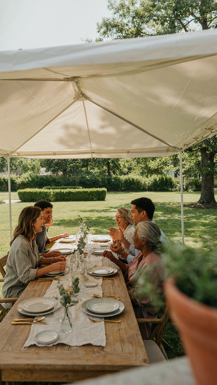 A large canopy shades an outdoor dining area.