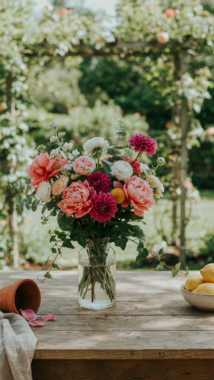 A colorful flower centerpiece sits on a wooden table outdoors.