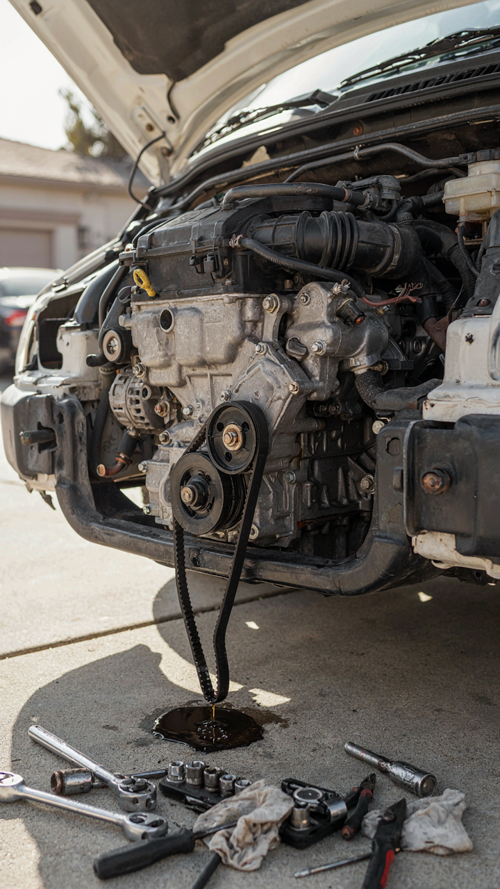 A broken fan belt hanging from a van engine with oil dripping.