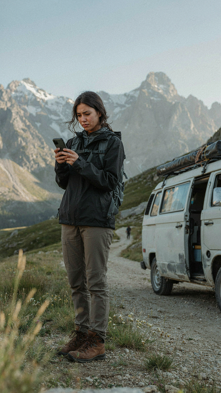 A person looks frustrated at a smartphone with a weak signal in the mountains.
