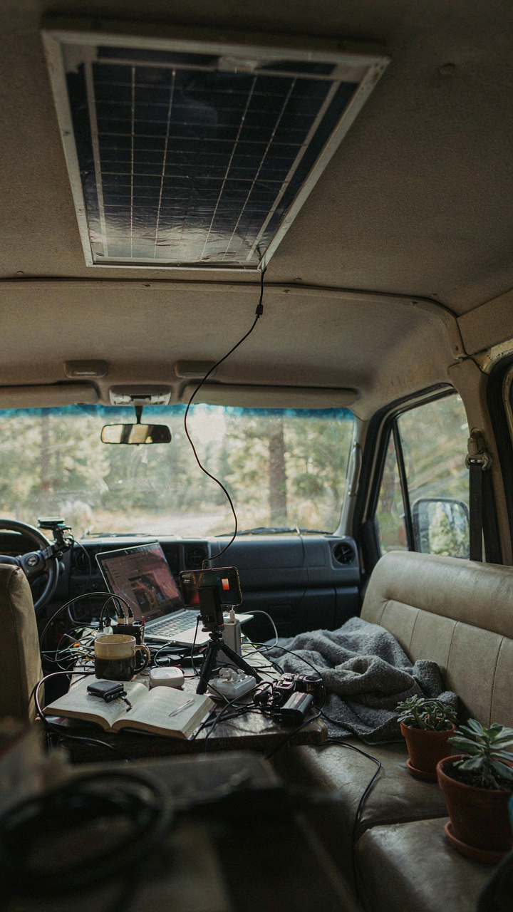 A small solar panel trying to charge many electronics inside a van.