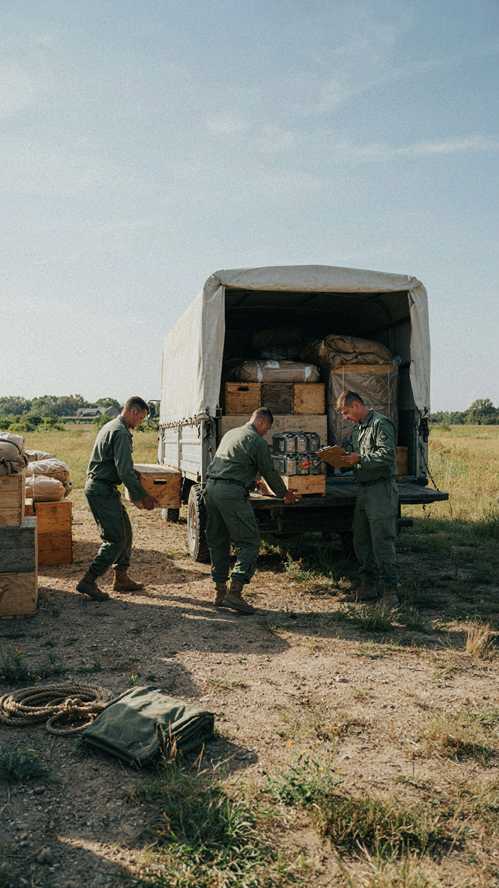 Soldiers in uniform are loading supply boxes onto a military truck in a field.