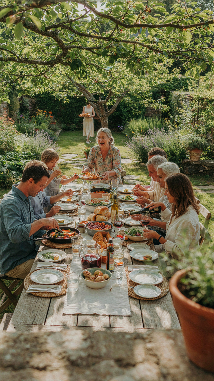 Guests pass food around a long outdoor table family style.