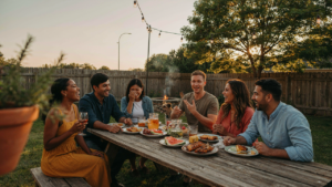 Friends gather for a bug free backyard party, eating and drinking outdoors.