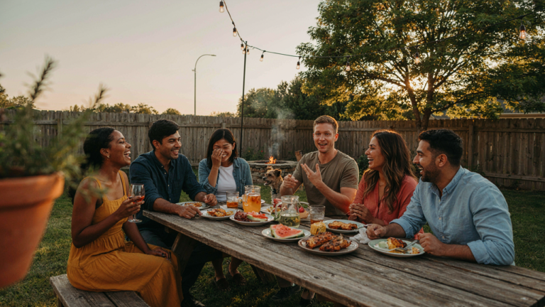 Friends gather for a bug free backyard party, eating and drinking outdoors.