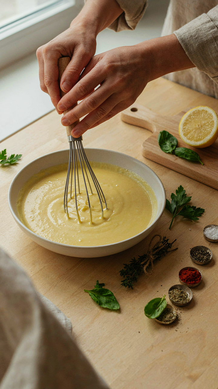 Hands whisk a vibrant, creamy homemade sauce in a bowl with fresh herbs.