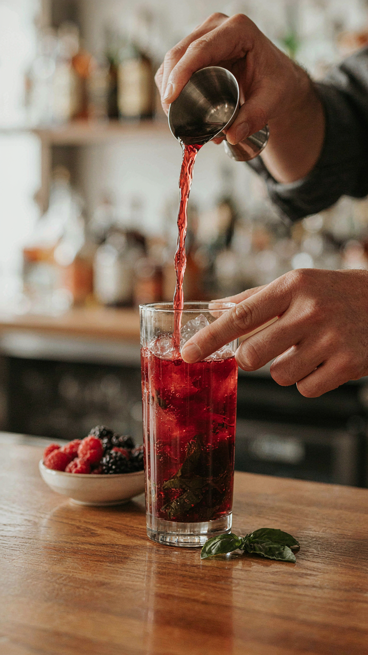 A bartender pours a red berry mixture into a glass with muddled basil.