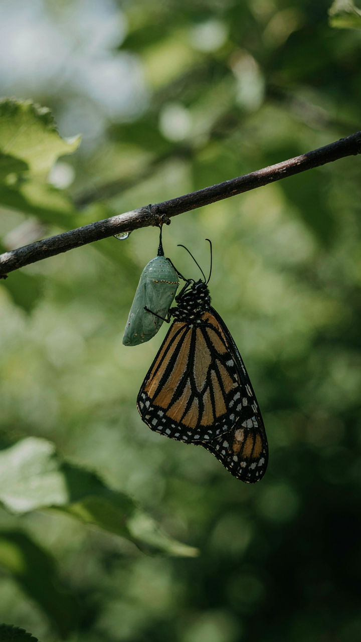 A butterfly starts to emerge from a chrysalis on a branch.
