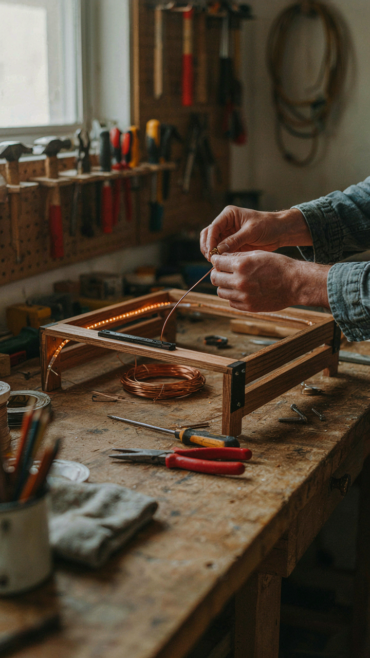 Someone builds a DIY camper lighting fixture in a workshop.