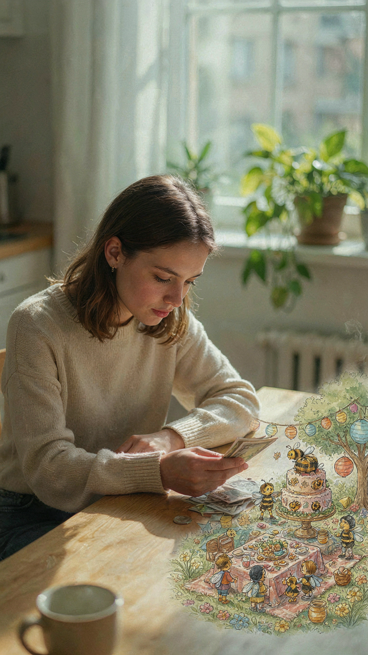 A person looks at a small budget next to an elaborate party plan.