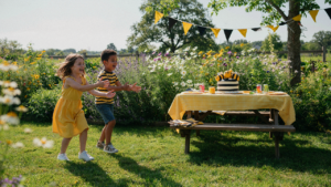 A vibrant outdoor bumble bee garden birthday party with kids playing in a flower garden.