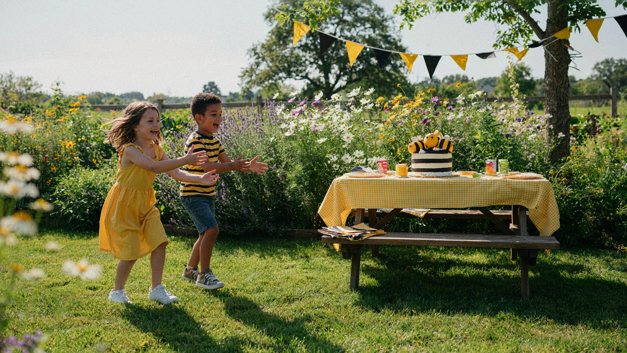 A vibrant outdoor bumble bee garden birthday party with kids playing in a flower garden.