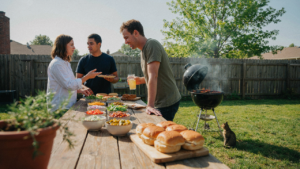 A colorful burger bar toppings station with fresh ingredients in a backyard party setting.
