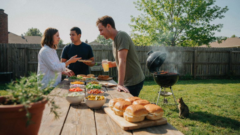 A colorful burger bar toppings station with fresh ingredients in a backyard party setting.