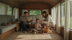 A family happily playing inside their spacious bus conversion floor plan.