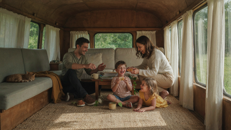 A family happily playing inside their spacious bus conversion floor plan.