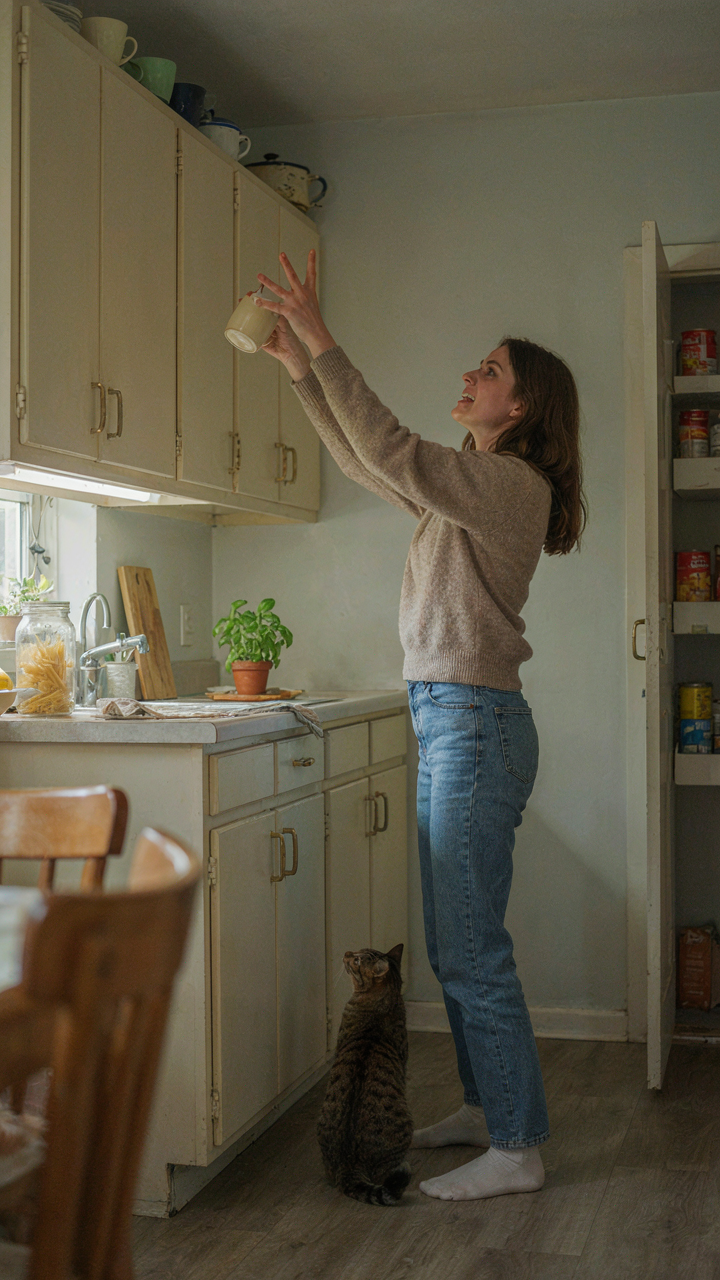 A person struggles to reach things in a badly designed kitchen.