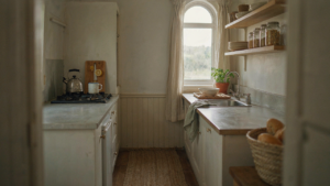 A neat bus conversion kitchen with wooden counters and a window.