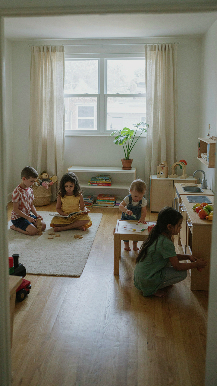 Children play in different, organized zones of a large playroom.
