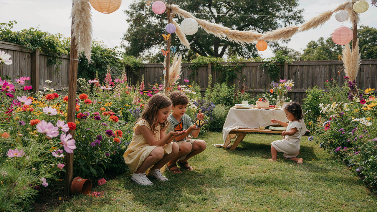 A beautiful butterfly garden birthday party with children watching real butterflies.
