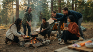 Friends laugh while cooking a meal over a campfire in the woods.