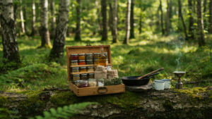 A tidy open wooden camp pantry box in a sunny forest camp kitchen.