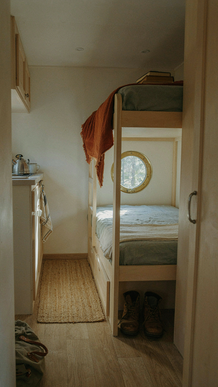 Two bunk beds stacked vertically in a small camper trailer interior.